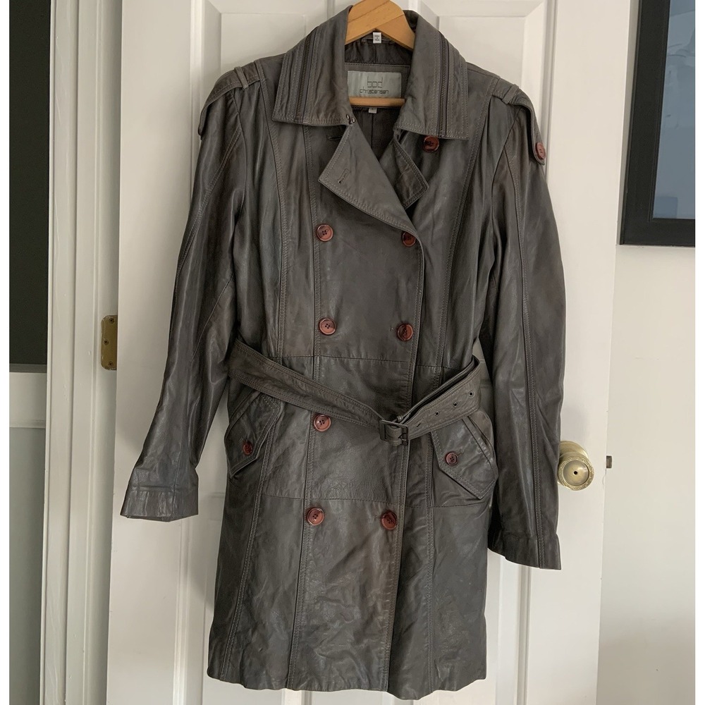 Bod & Christensen Gray Leather Belted Trench Coat Women sz Large